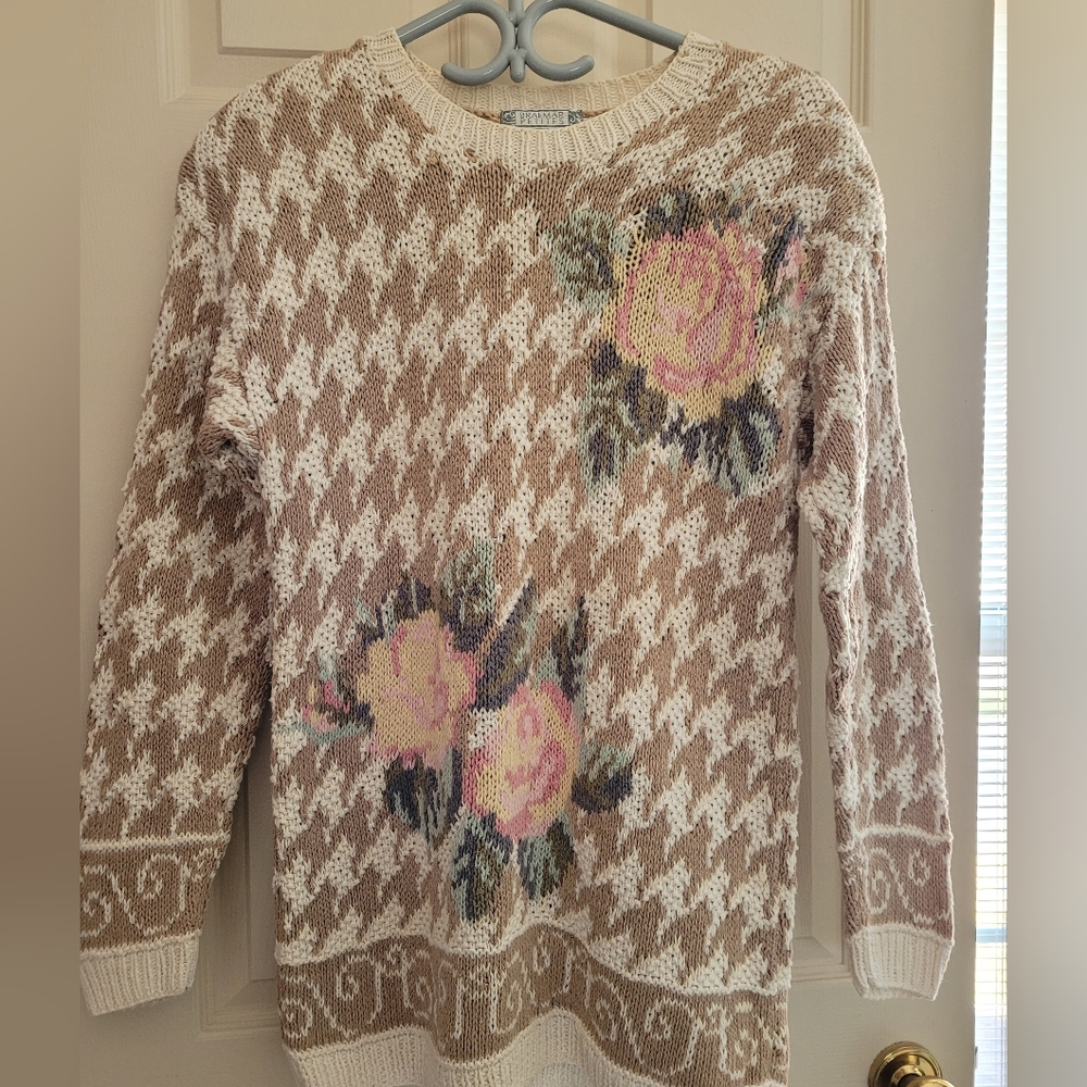 Hand Knitted Cream and Pink Crew Neck Sweater with Floral Design